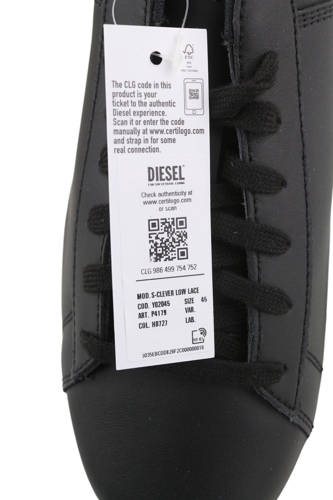 DIESEL S-Clever Low Lace Men Sneakers EU45 Black Cow Leather Almond Toe RRP120