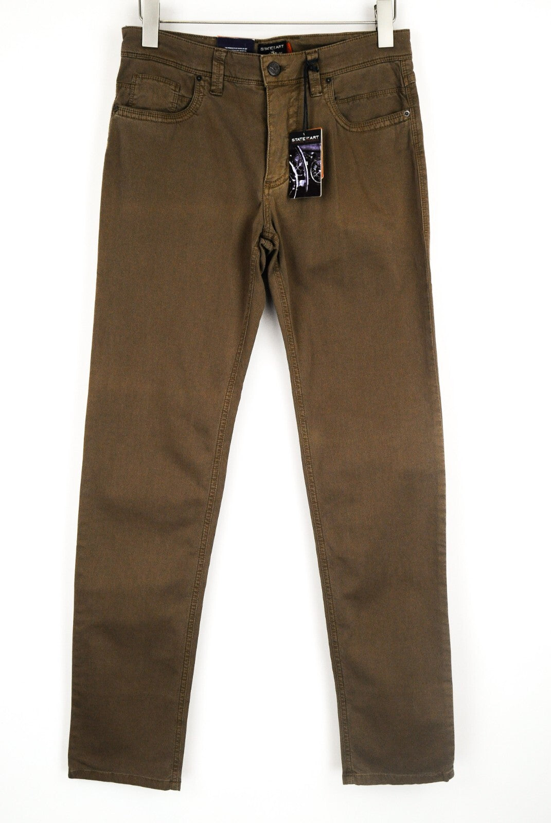 STATE OF ART Men Trousers W31/L34 Brown Regular Fit Stretch Cotton Zip Fly