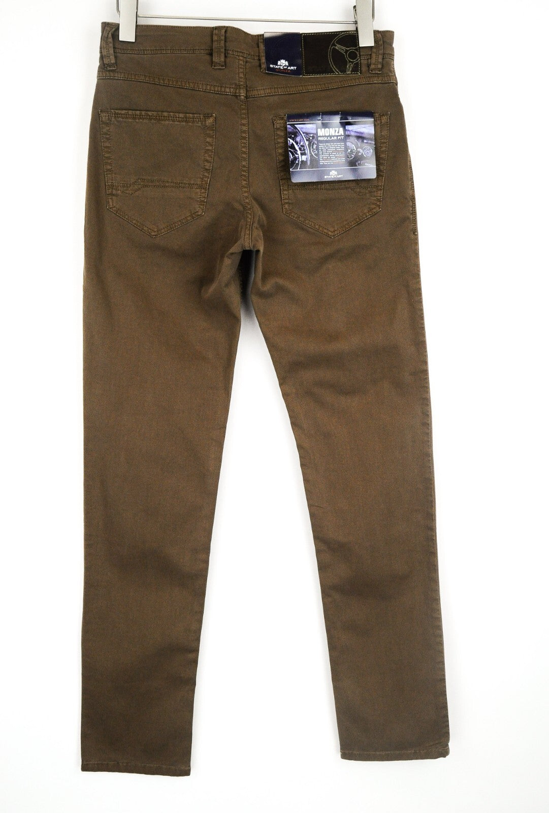 STATE OF ART Men Trousers W31/L34 Brown Regular Fit Stretch Cotton Zip Fly