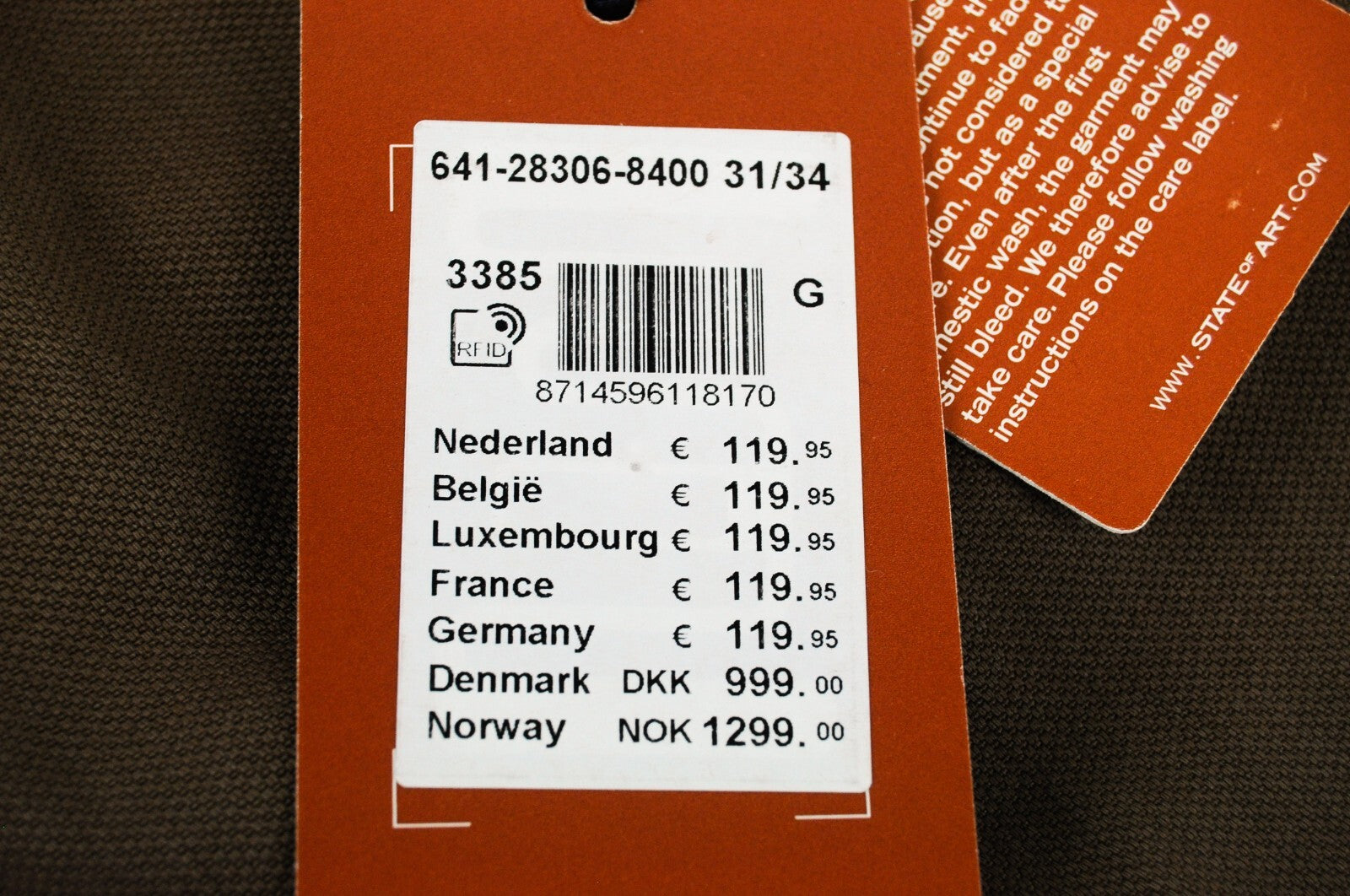 STATE OF ART Men Trousers W31/L34 Brown Regular Fit Stretch Cotton Zip Fly