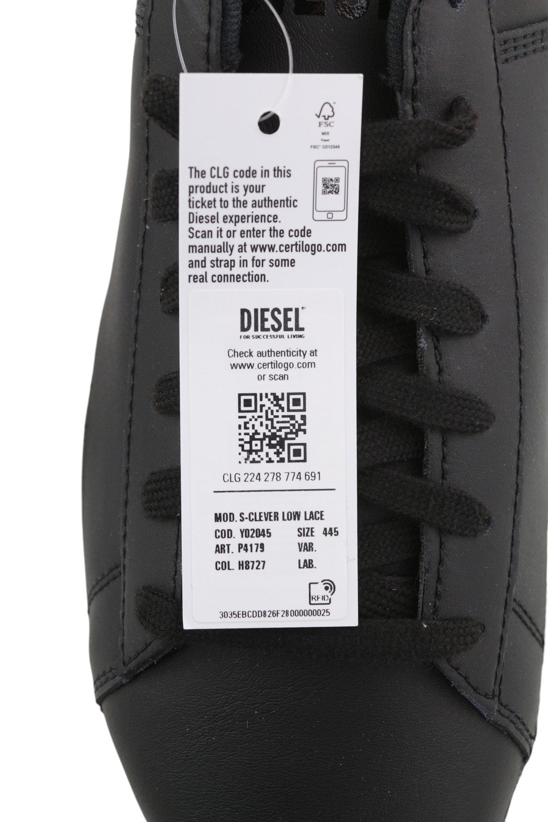 DIESEL S-Clever Low Lace Men Sneakers EU44.5 Black Leather Almond Toe RRP€120