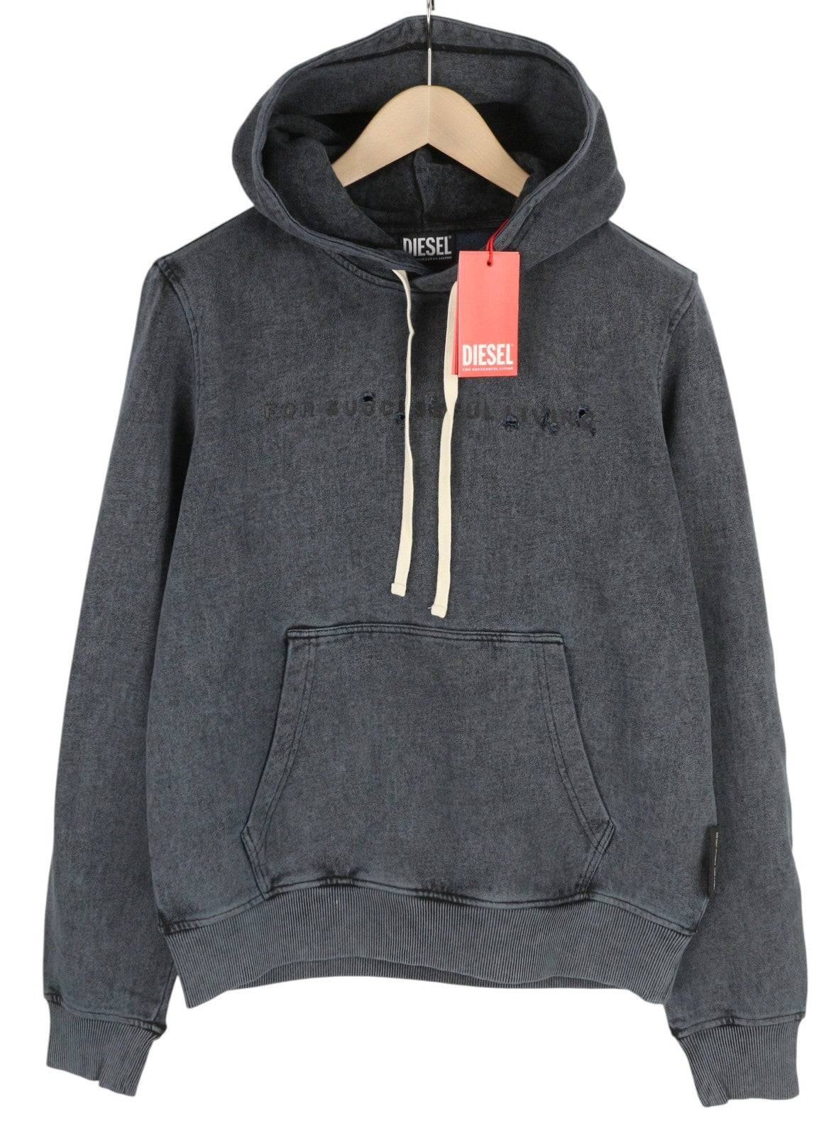 DIESEL S-Ginn-Hood-E1 Men Hoodie M Washed Grey Distress Hooded Kangaroo RRP€195