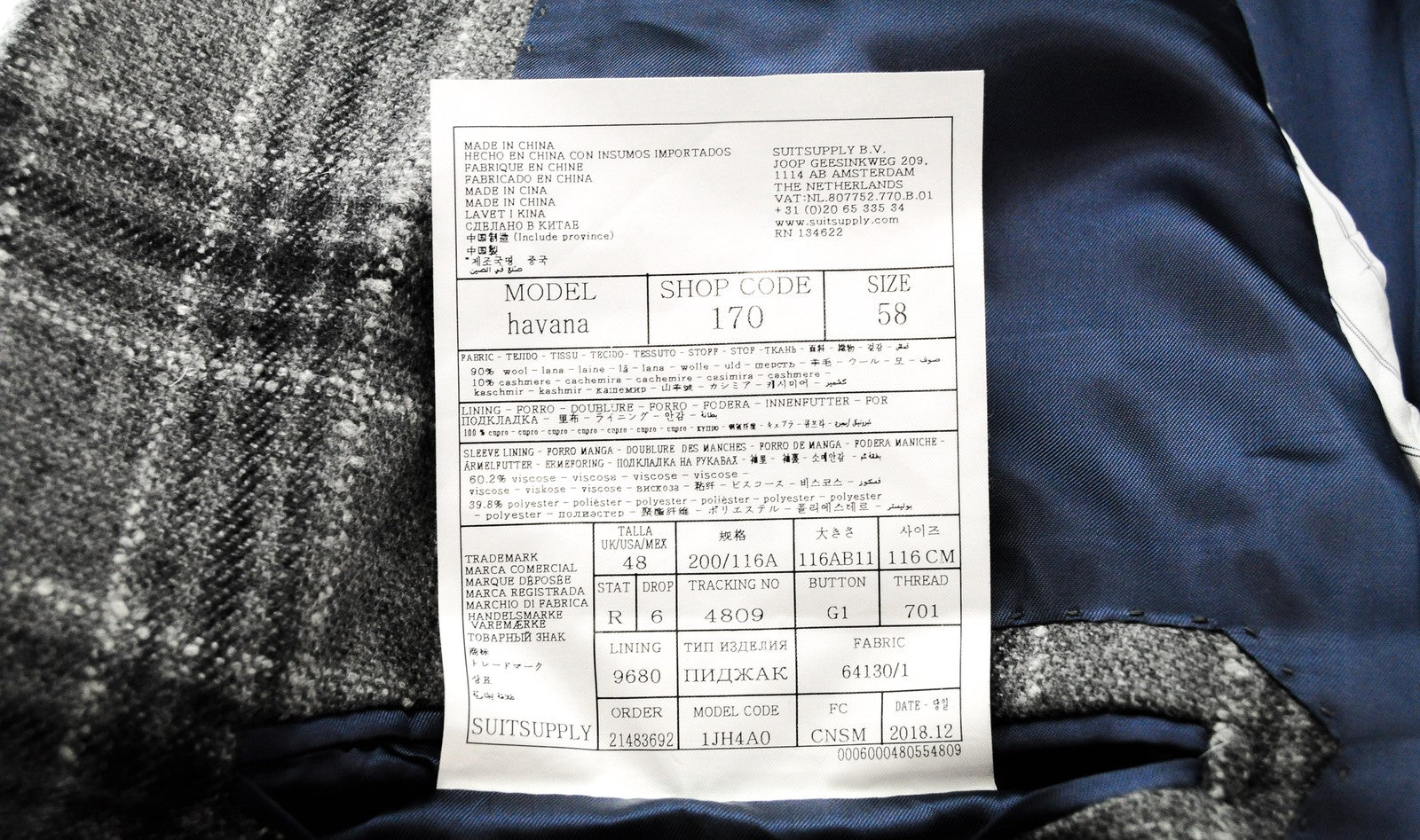 SUITSUPPLY Havana Blazer UK48R Men's Grey Wool-Cashmere Check Smart