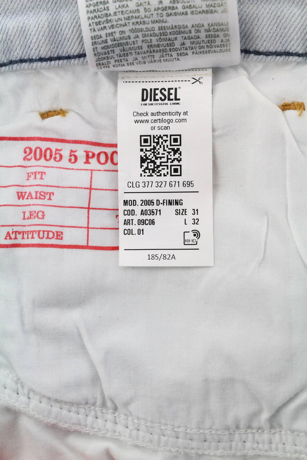 DIESEL 2005 D-Fining 09C06 Men Jeans W31/L32 Regular Fit Tapered Leg Mid Waist