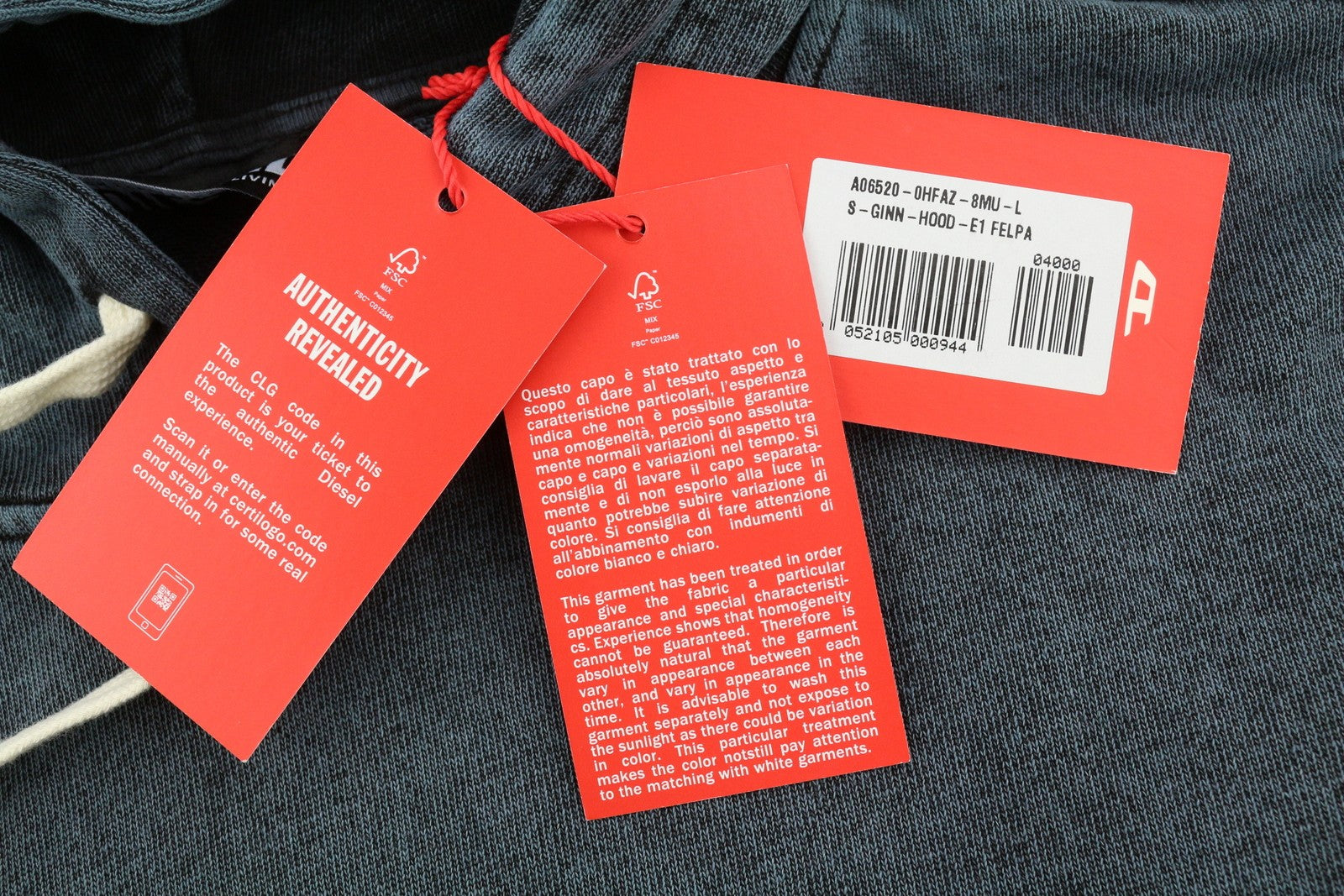 DIESEL S-Ginn-Hood-E1 Men Hoodie L Washed Grey Distress Hooded Kangaroo RRP€195