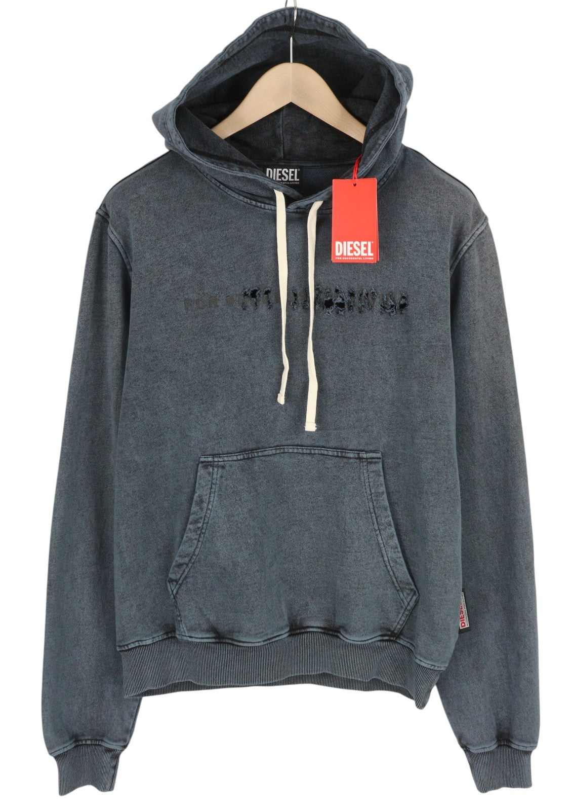 DIESEL S-Ginn-Hood-E1 Men Hoodie L Washed Grey Distress Hooded Kangaroo RRP€195