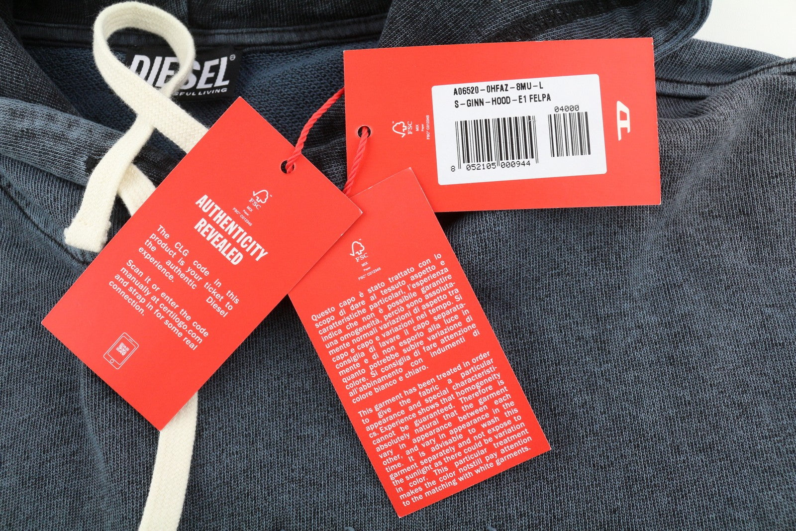 DIESEL S-Ginn-Hood-E1 Men Hoodie L Washed Grey Distress Hooded Kangaroo RRP€195