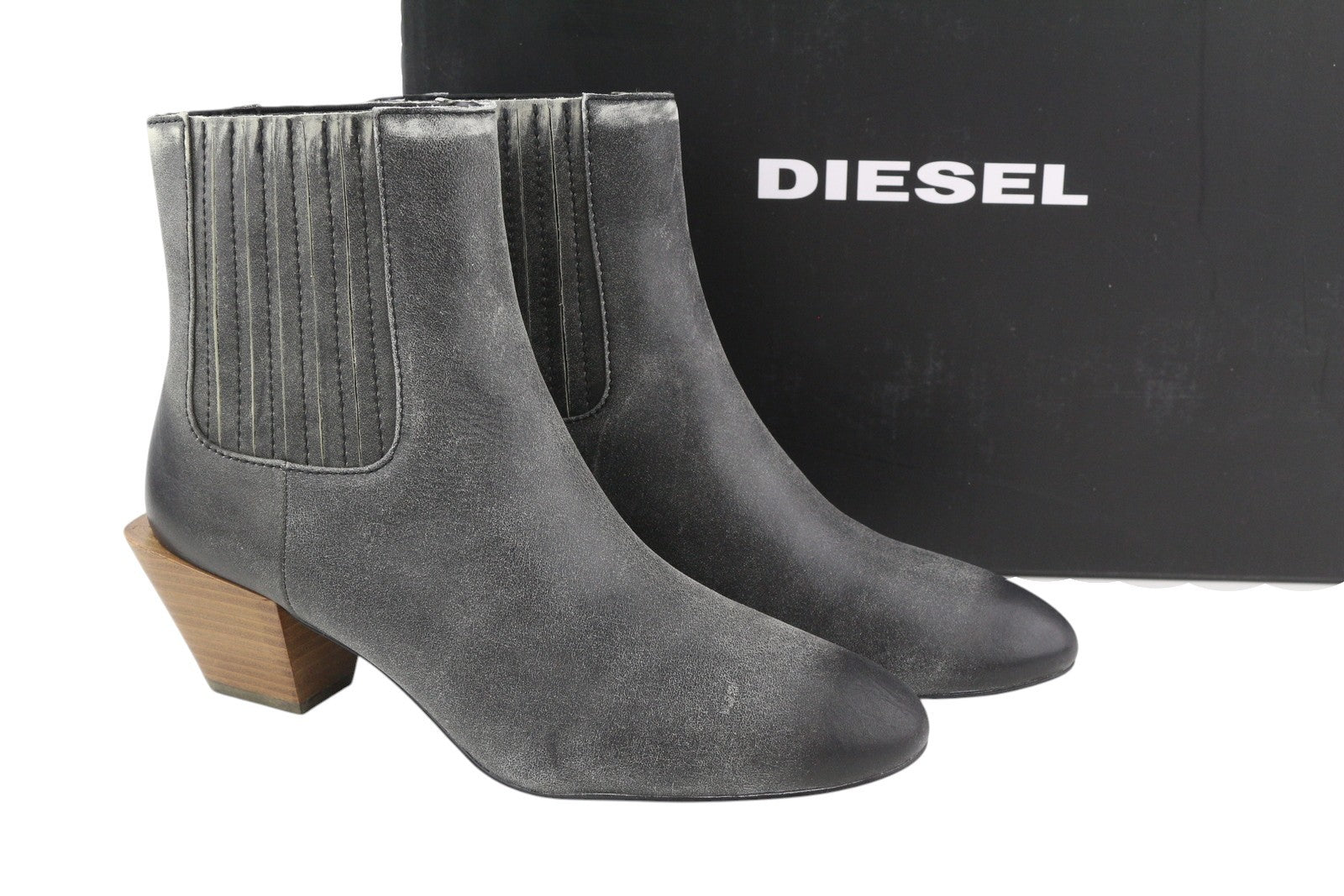 DIESEL D-Texanne CH Women Boots EU39 Grey Black Leather Cuban Heel Ankle RRP€295