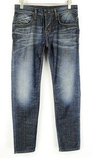 TAKESHY KUROSAWA džinsai W32 vyriški, plono kirpimo, mėlyni, skalbto džinso stiliaus. 