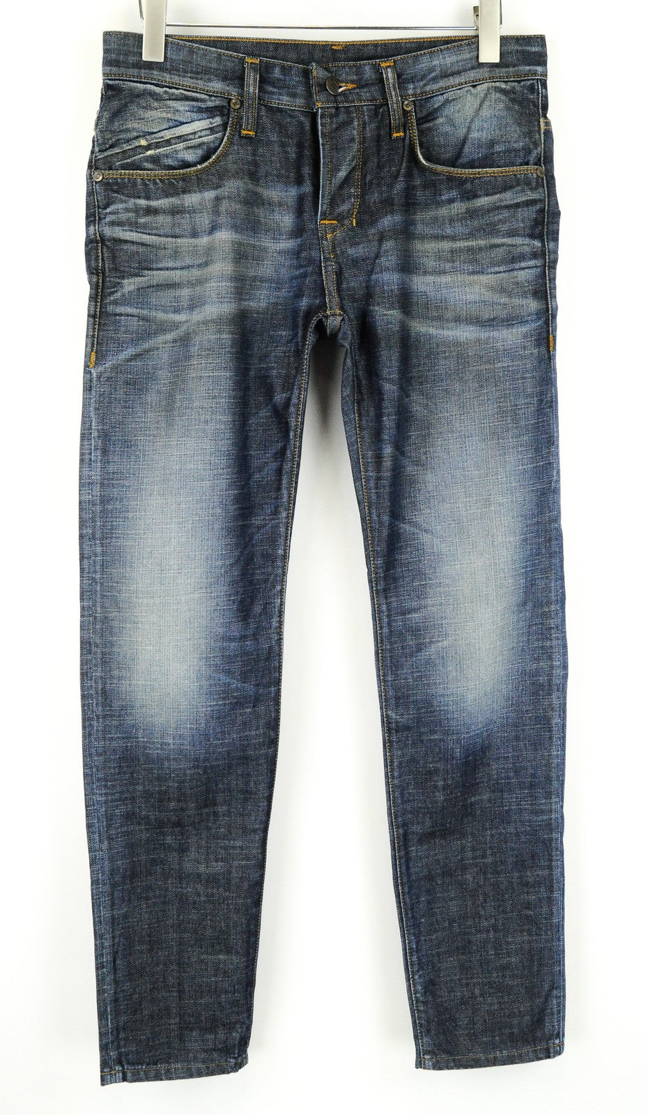 TAKESHY KUROSAWA džinsai W32 vyriški, plono kirpimo, mėlyni, skalbto džinso stiliaus. 