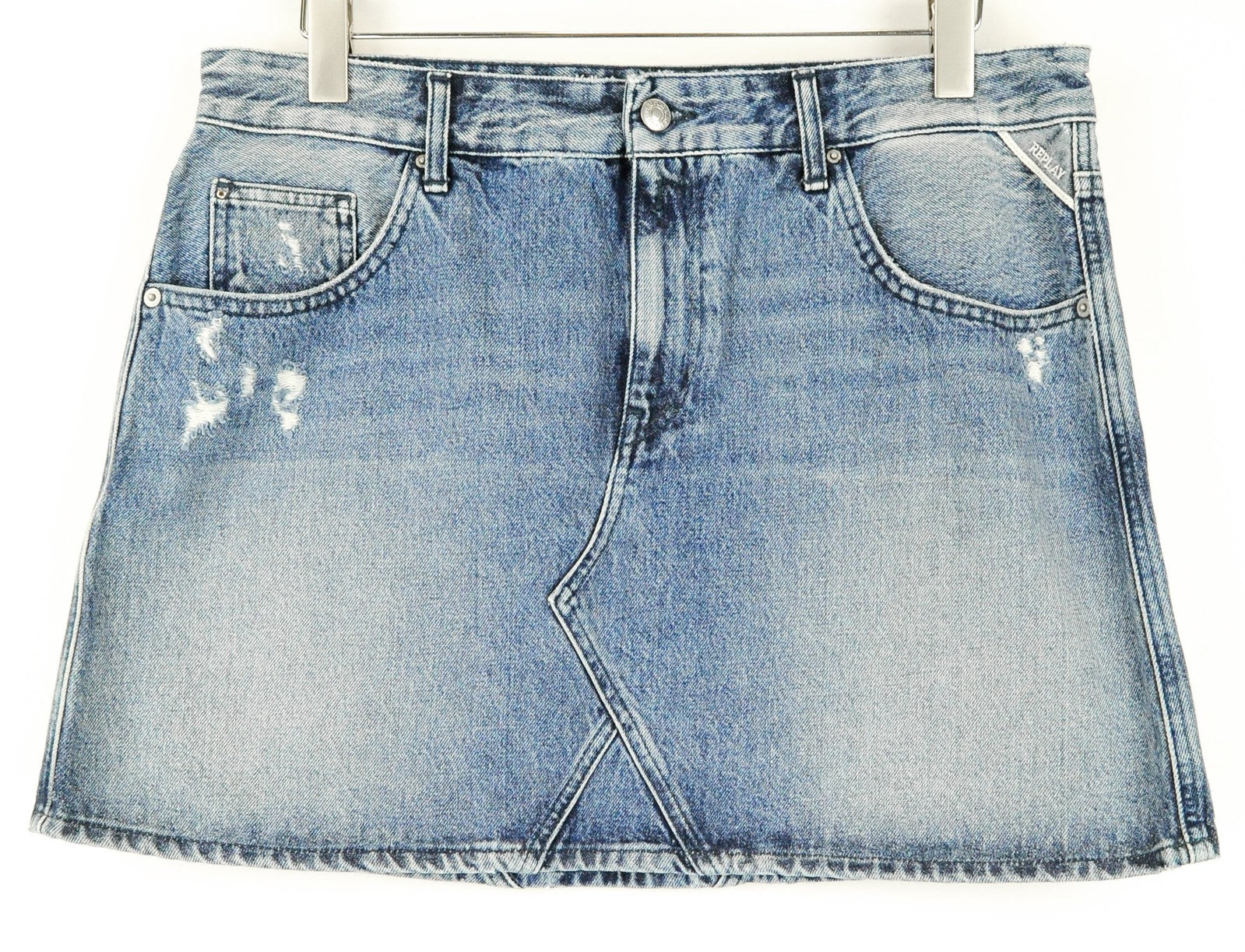 REPLAY Denim Skirt W32 Blue Distressed Mini Pure Cotton Washed Women's Fit