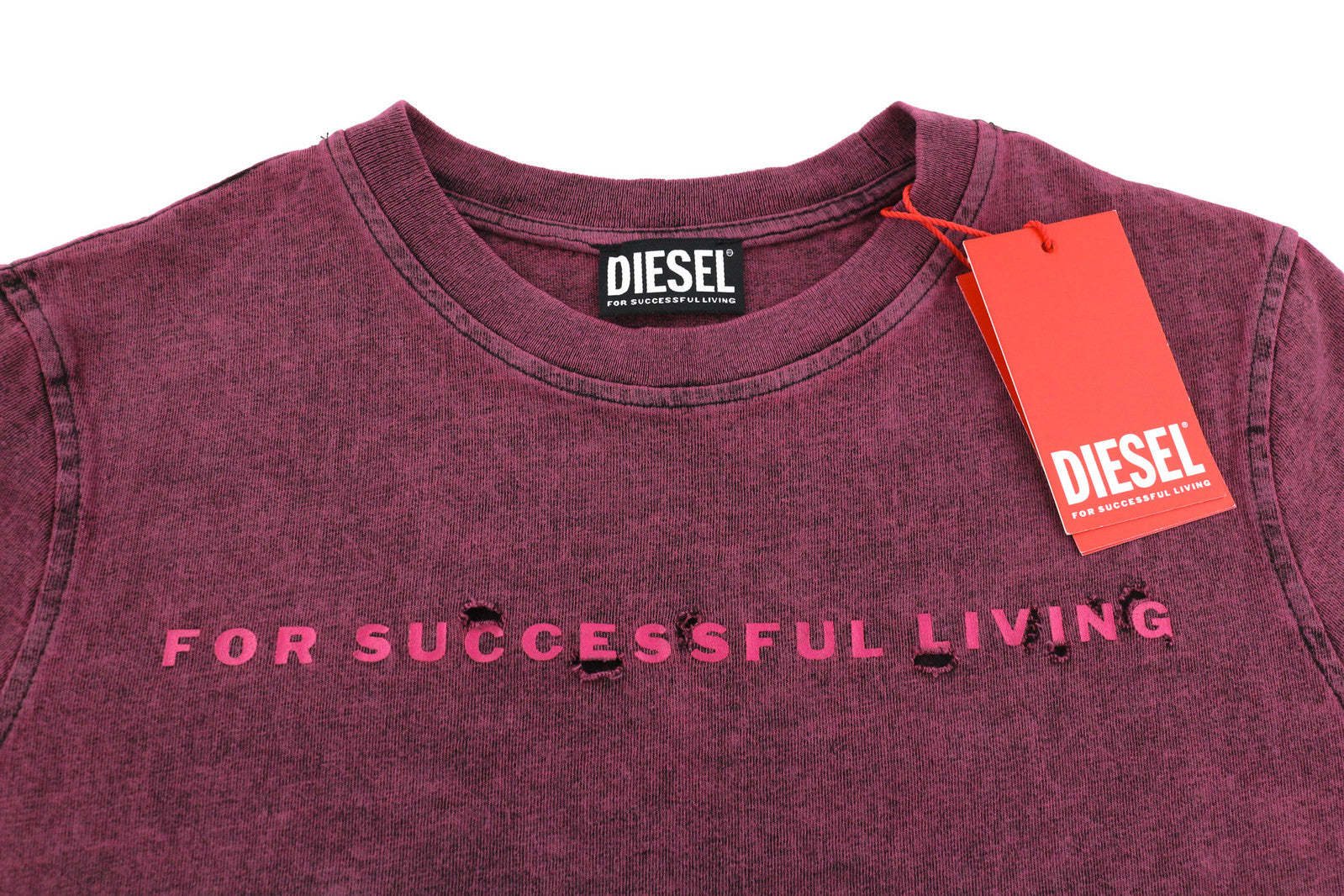 DIESEL T-Reg-E4 Women T-Shirt L Burgundy Short Sleeve Crew Collar Washed RRP€125