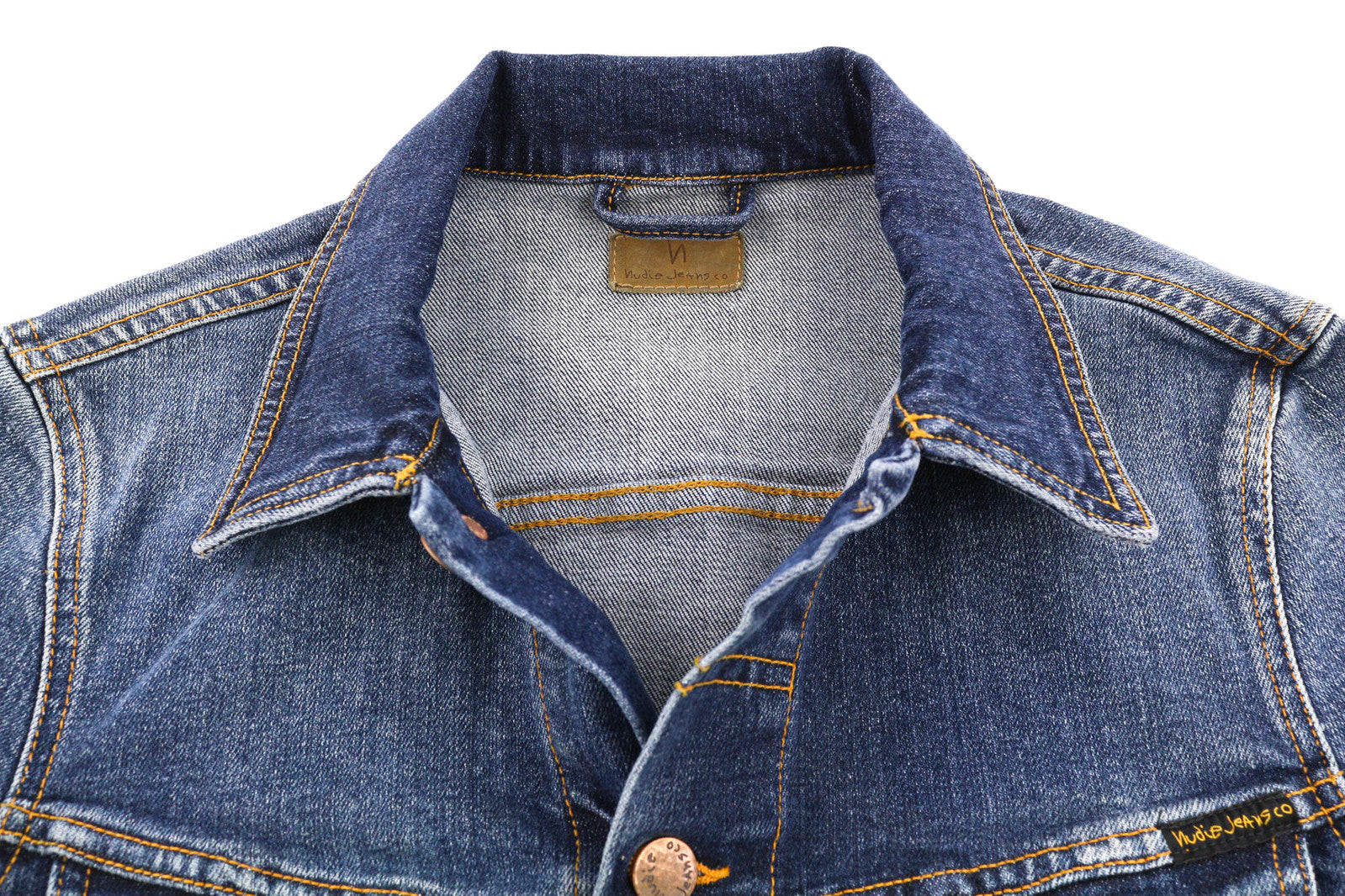 NUDIE Perry Men Jacket XS Organic Excellent Blue Washed Buttoned Logo Denim