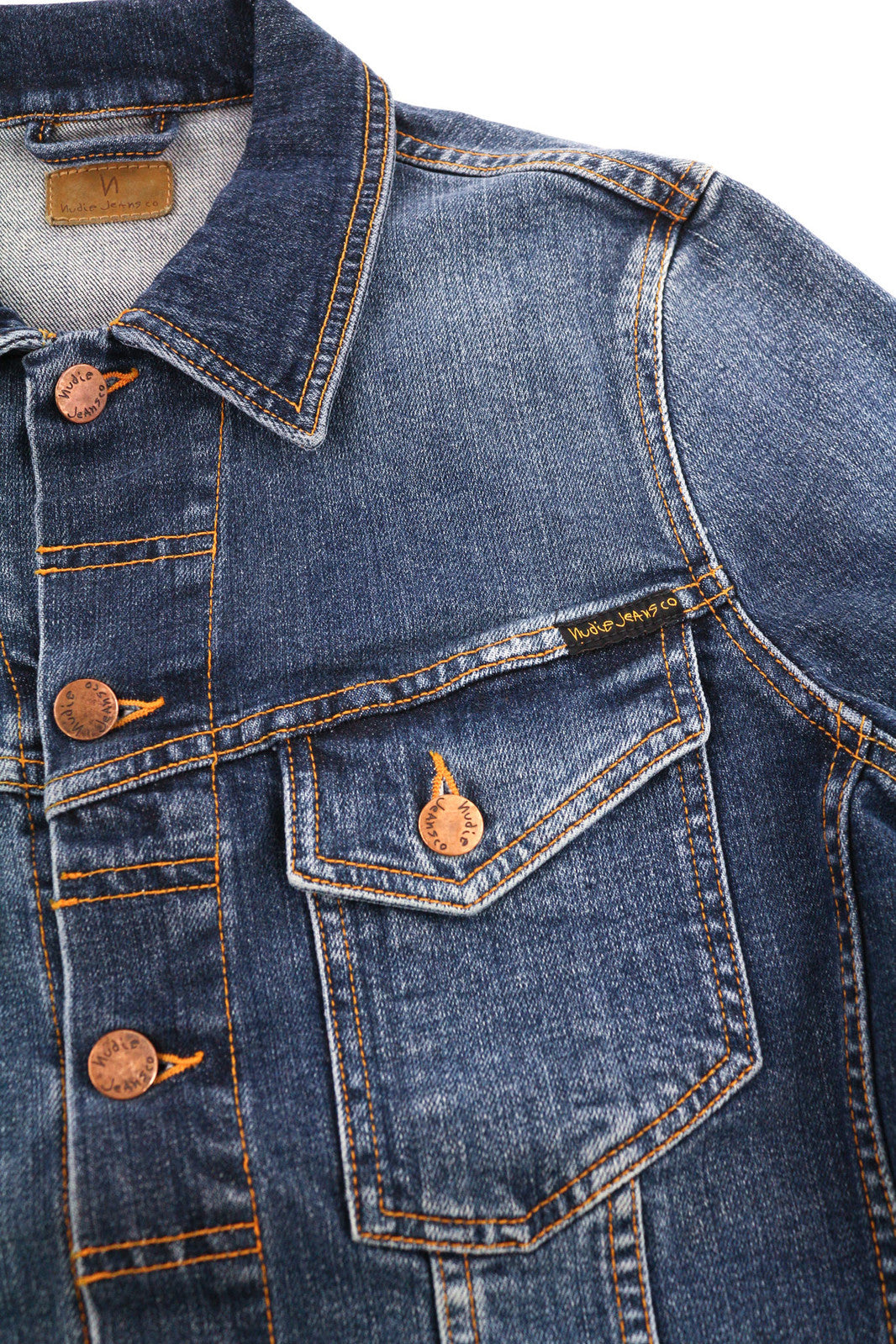 NUDIE Perry Men Jacket XS Organic Excellent Blue Washed Buttoned Logo Denim