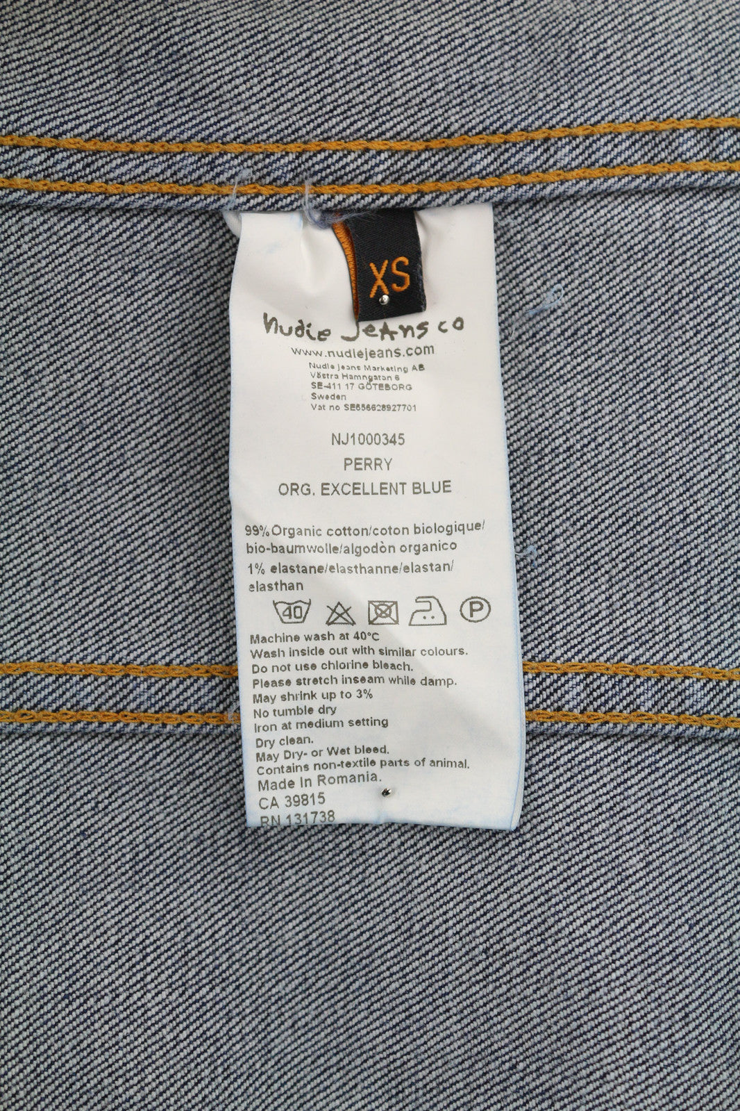 NUDIE Perry Men Jacket XS Organic Excellent Blue Washed Buttoned Logo Denim