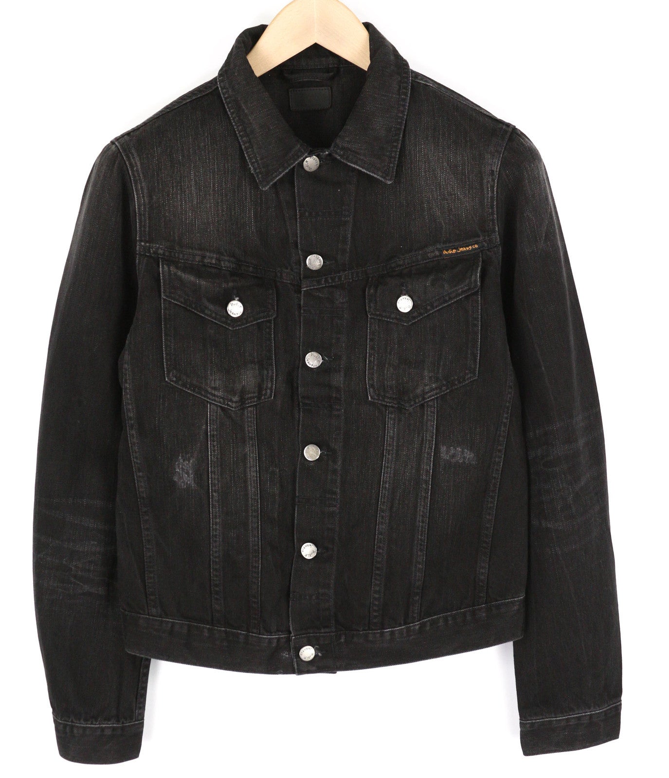 NUDIE Billy Men Jacket S Black Lotus Organic Buttoned  Collar Washed Denim