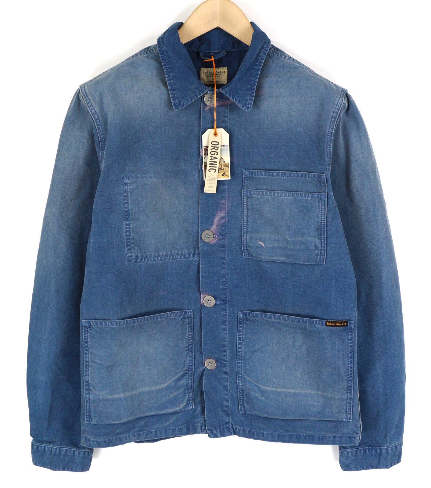 NUDIE Paul Men Jacket M Worker Buttoned  Collar Pockets Washed Denim Blue