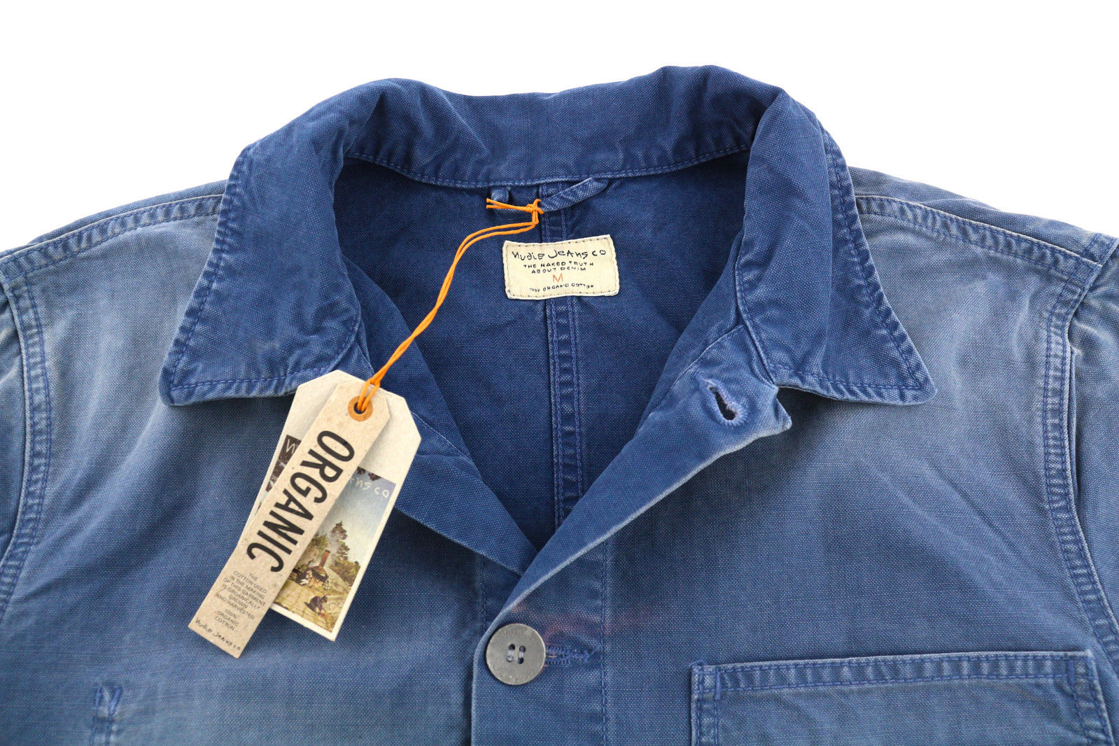 NUDIE Paul Men Jacket M Worker Buttoned  Collar Pockets Washed Denim Blue