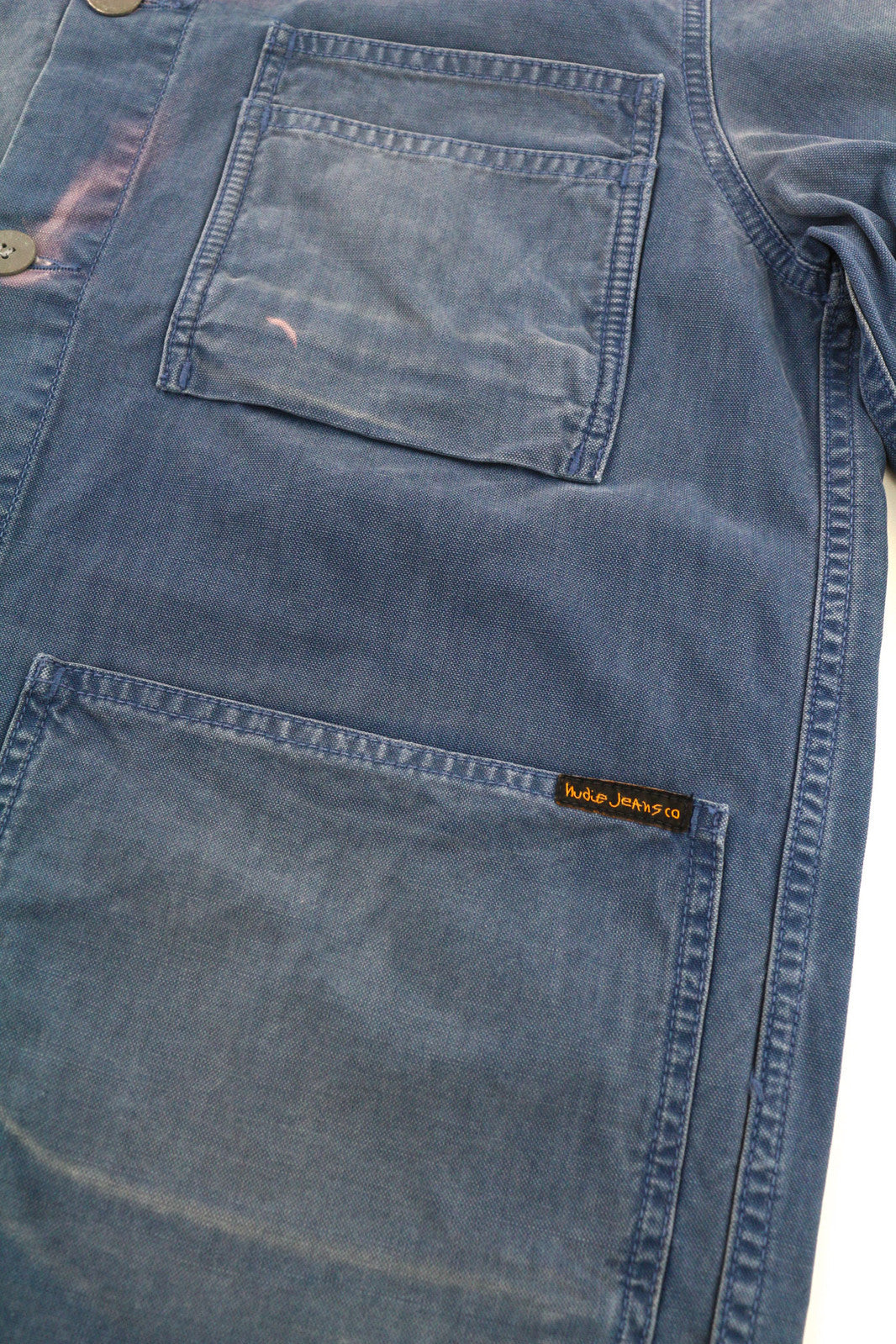 NUDIE Paul Men Jacket M Worker Buttoned  Collar Pockets Washed Denim Blue