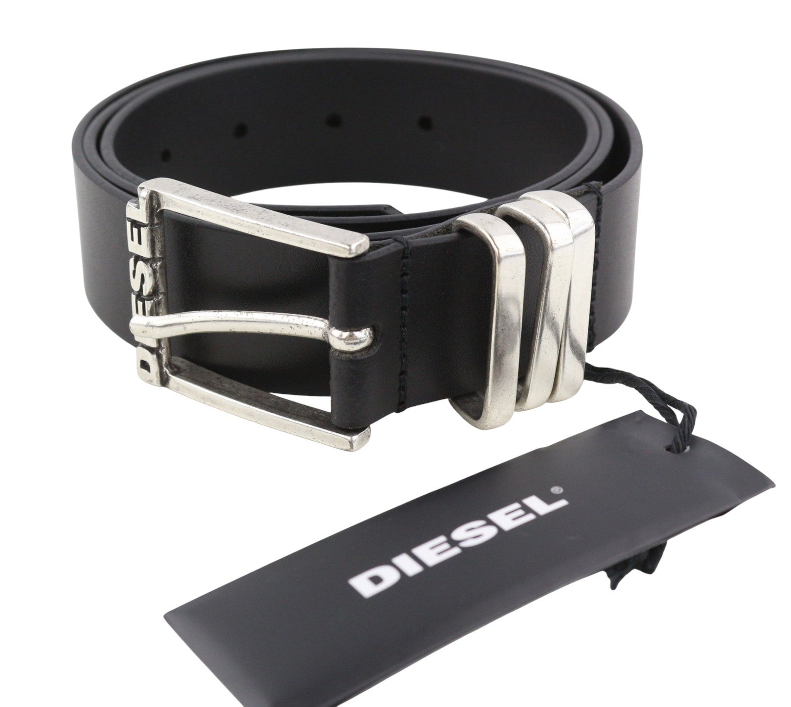 DIESEL B-Tuplo Men Belt 100 CM Dark Black Cow Leather Silver Tone Details Buckle