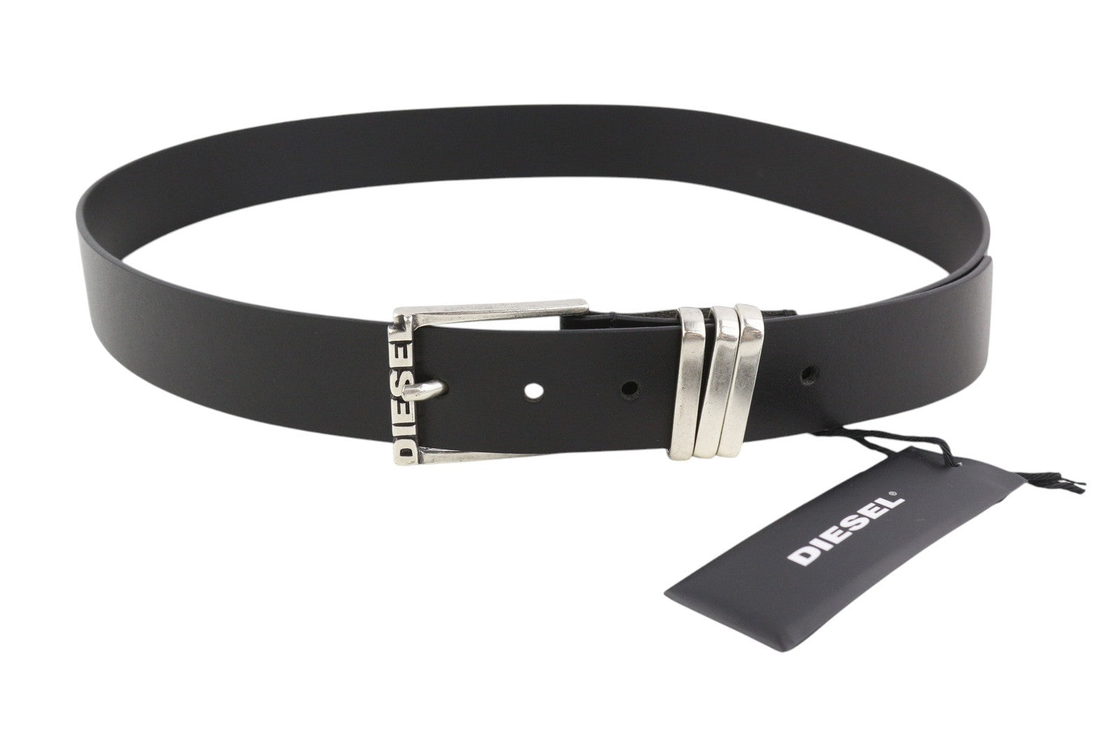 DIESEL B-Tuplo Men Belt 100 CM Dark Black Cow Leather Silver Tone Details Buckle