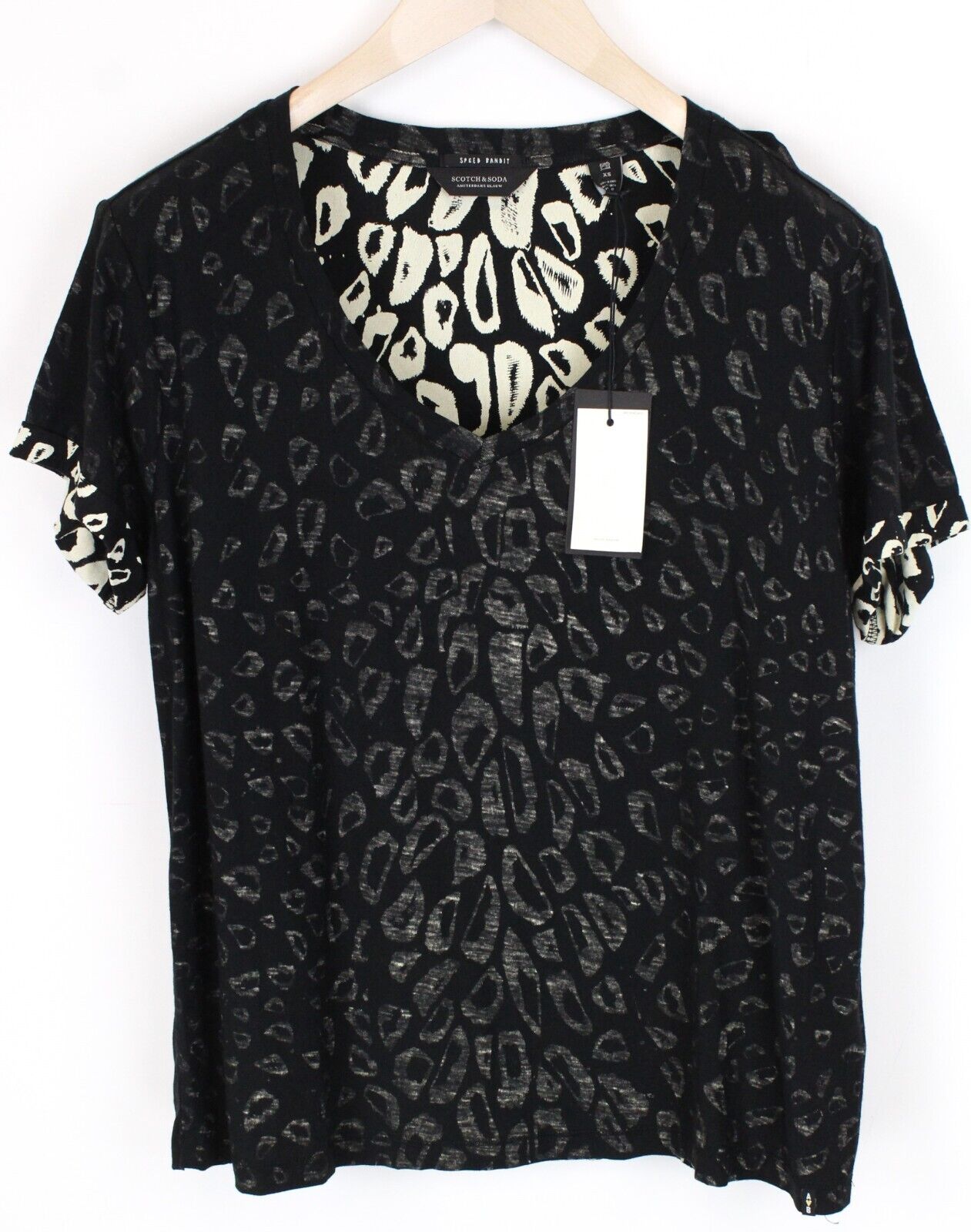 SCOTCH & SODA Womens XS Black Pattern Short Sleeve T-Shirt Cotton Blend