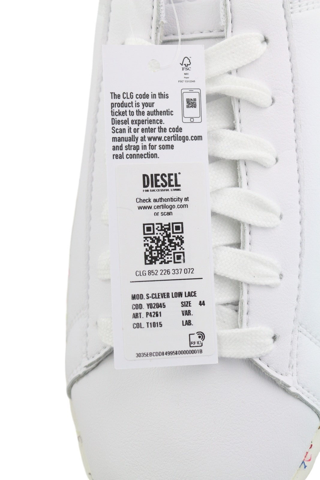 DIESEL S-Clever Low Lace Men Sneakers EU44 White Leather Almond Toe RRP€140