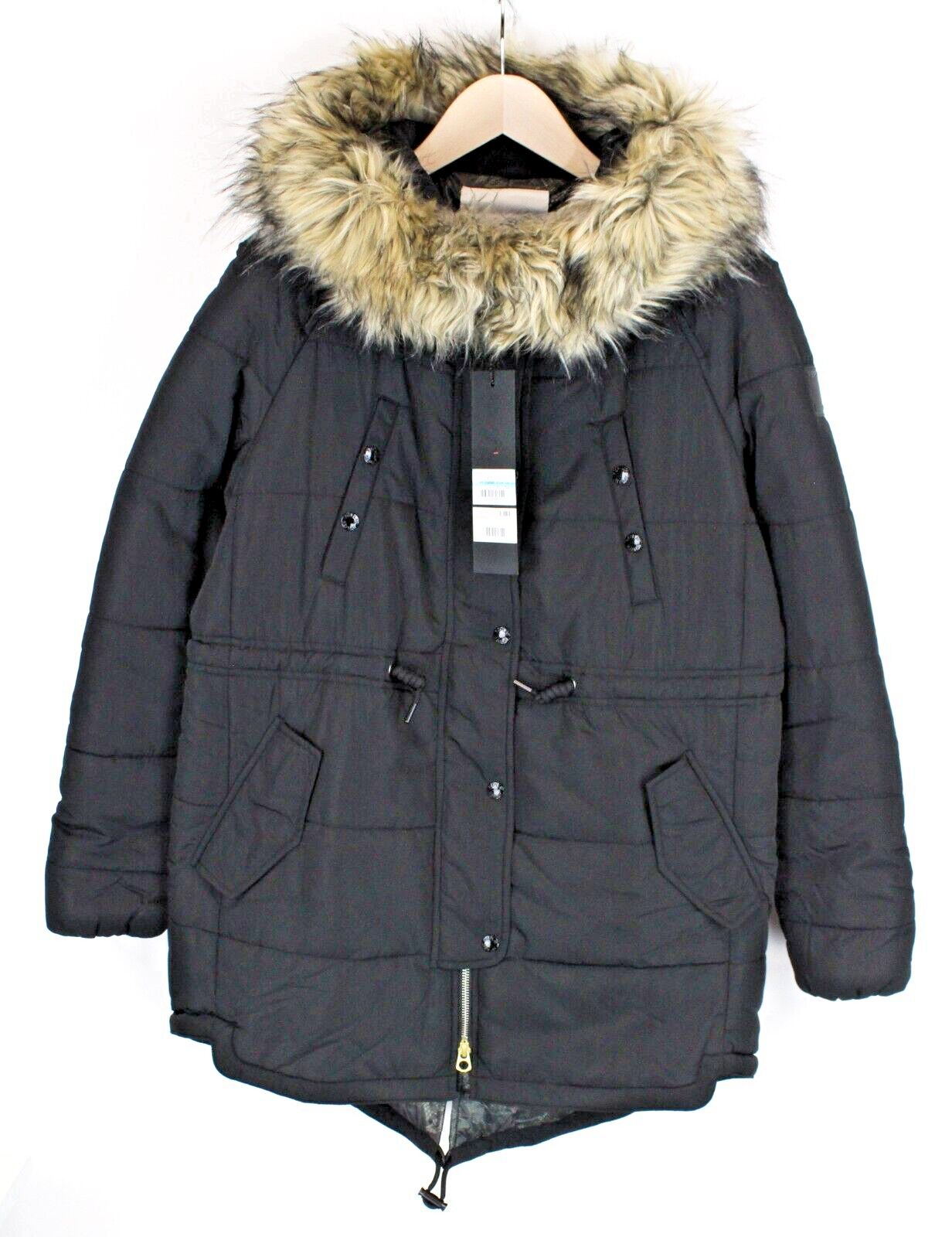 REPLAY Womens XS Black Jacket Parka Faux Fur Lined Padded Long With Capison