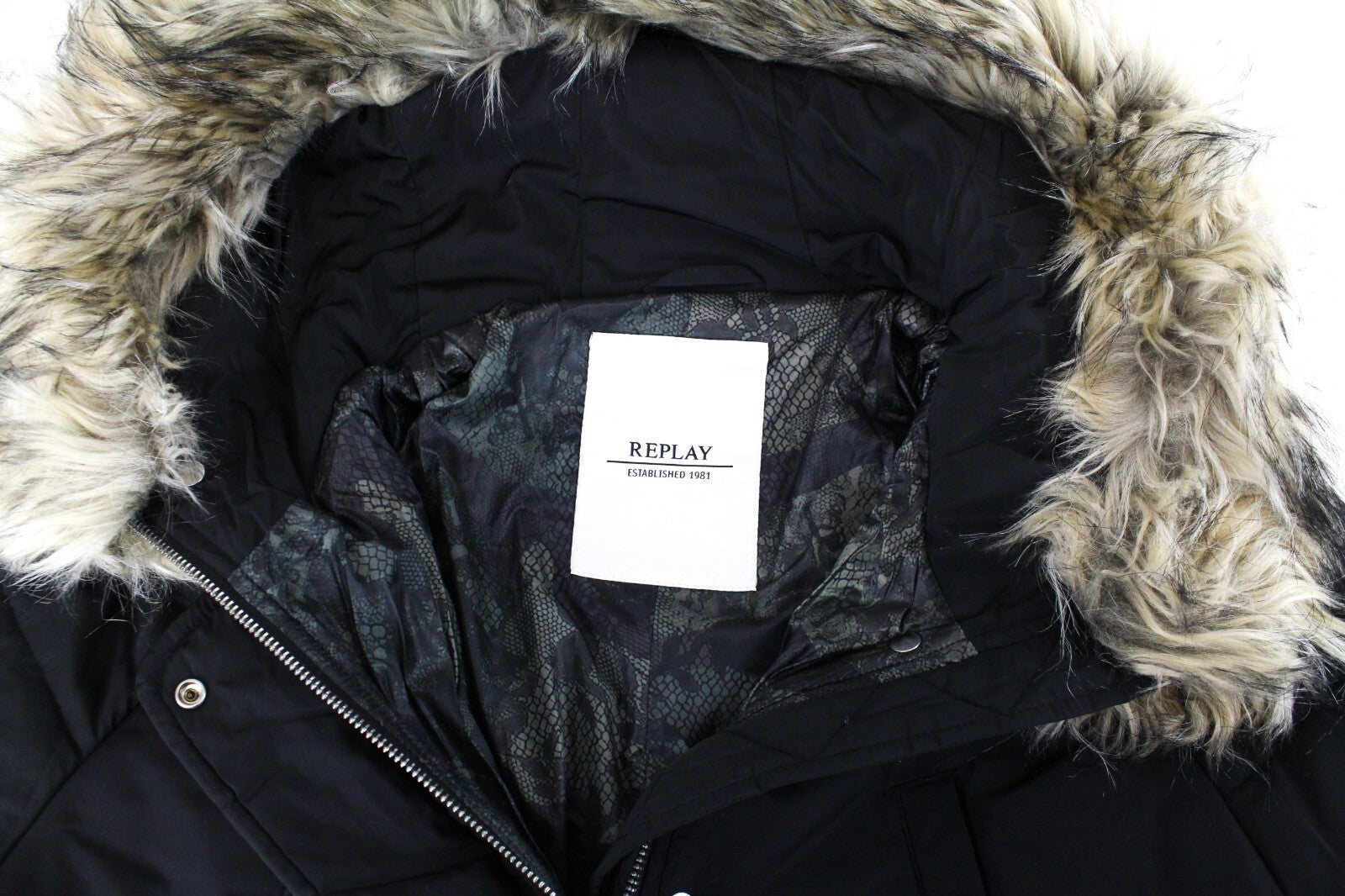 REPLAY Womens XS Black Jacket Parka Faux Fur Lined Padded Long With Capison