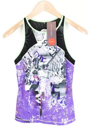 SWEATY BETTY Flaunt It Women's Sport Top S Purple Stretch Graffiti Print Gym