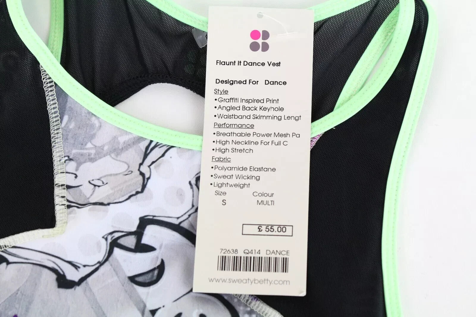 SWEATY BETTY Flaunt It Women's Sport Top S Purple Stretch Graffiti Print Gym