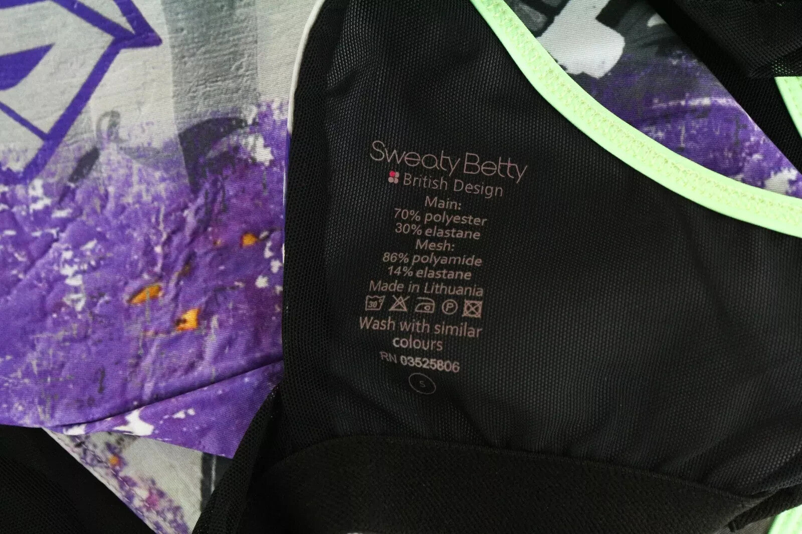 SWEATY BETTY Flaunt It Women's Sport Top S Purple Stretch Graffiti Print Gym