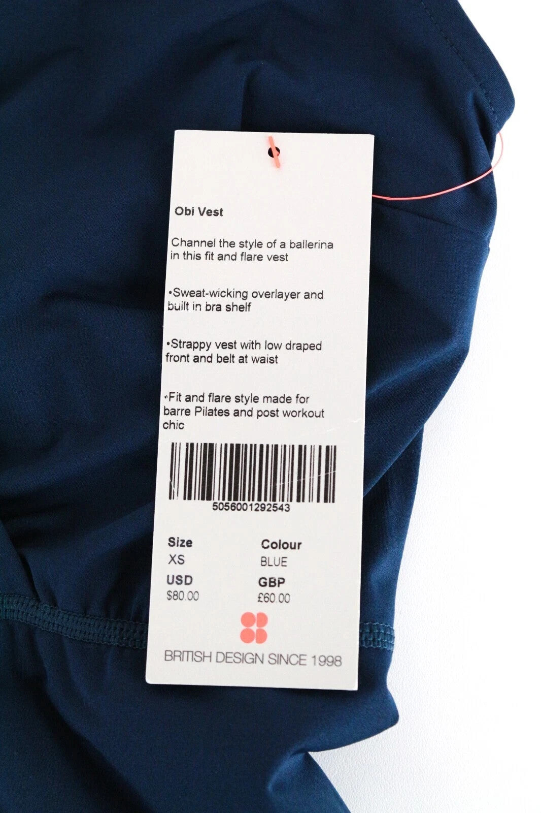 SWEATY BETTY Obi Vest Women's Sport Top XS Blue Stretch Sleeveless Gym