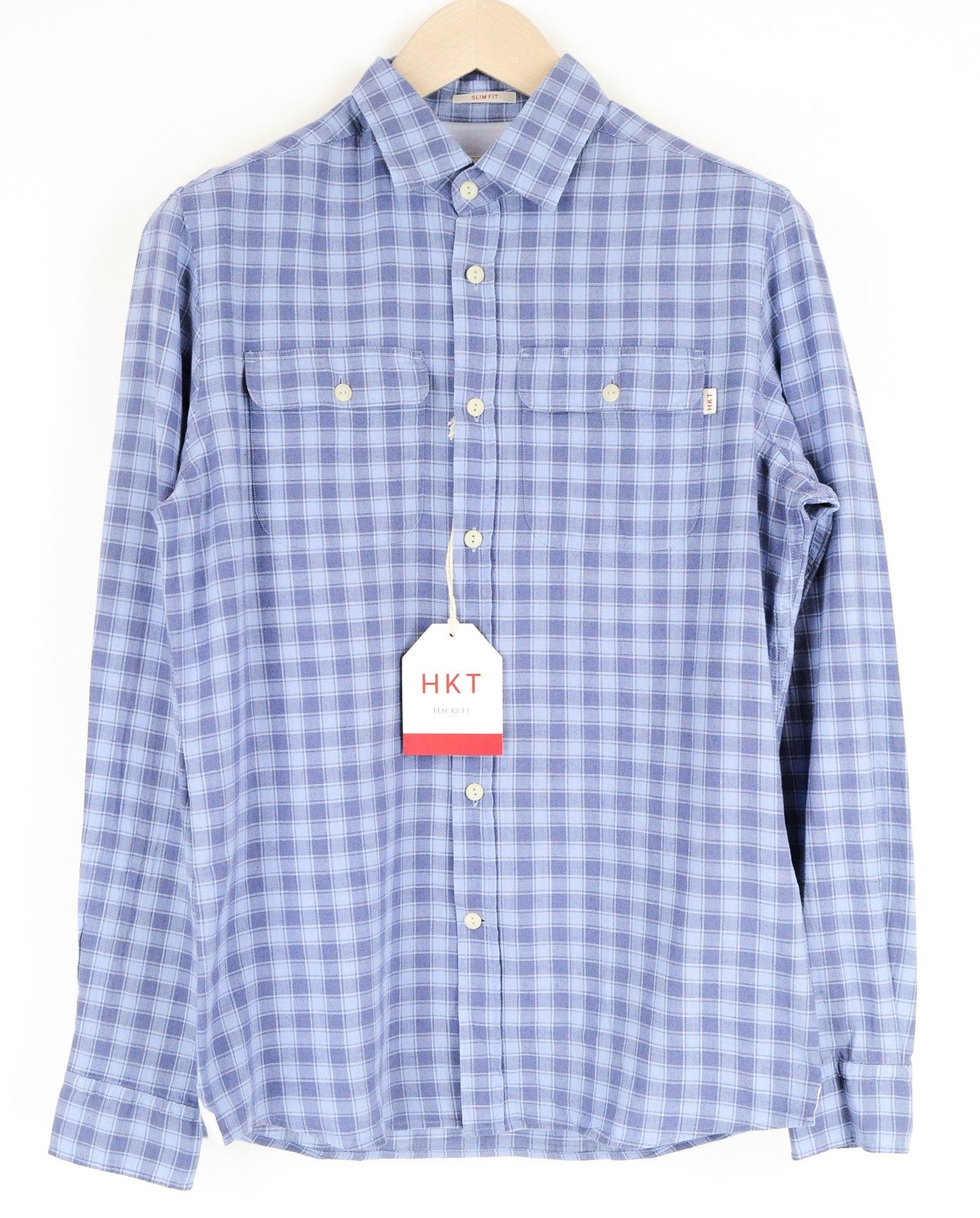 HACKETT Shirt Men's S Blue Checked Cotton Linen Collared Slim Long Sleeve