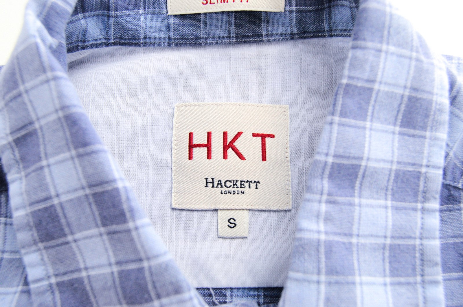 HACKETT Shirt Men's S Blue Checked Cotton Linen Collared Slim Long Sleeve