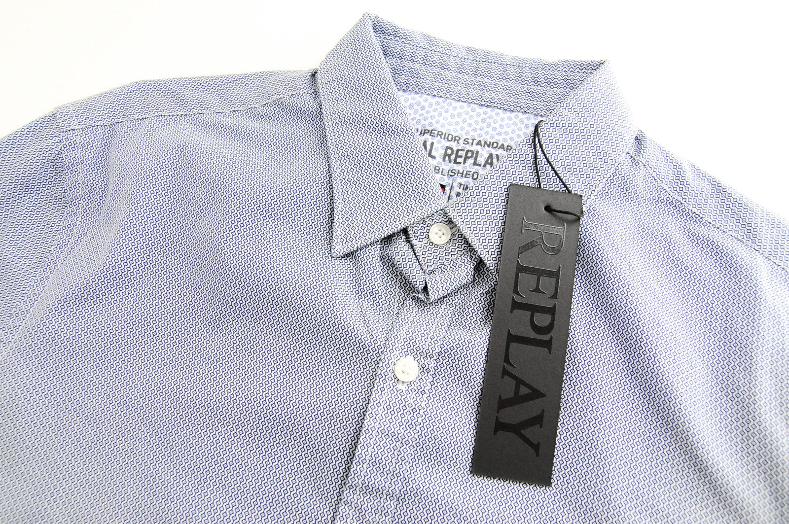 REPLAY Shirt Men's S Blue Cotton Patterned Collared Button-Up Long Sleeved