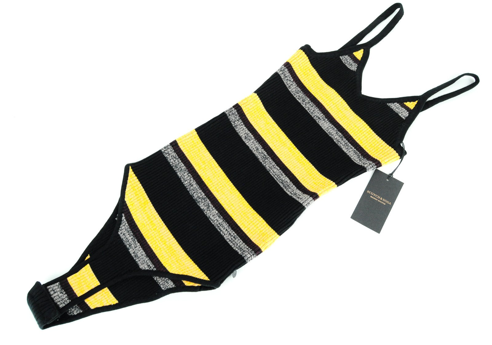 MAISON SCOTCH One Piece Top Women XS Cotton Blend Black Orange Striped Bodysuit