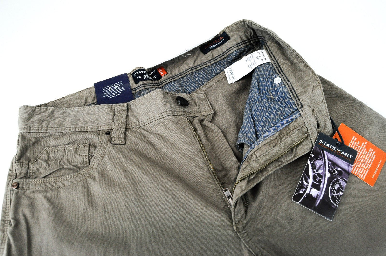 STATE OF ART Men Trousers W32/L32 Brown Regular Fit Stretch Cotton Zipper