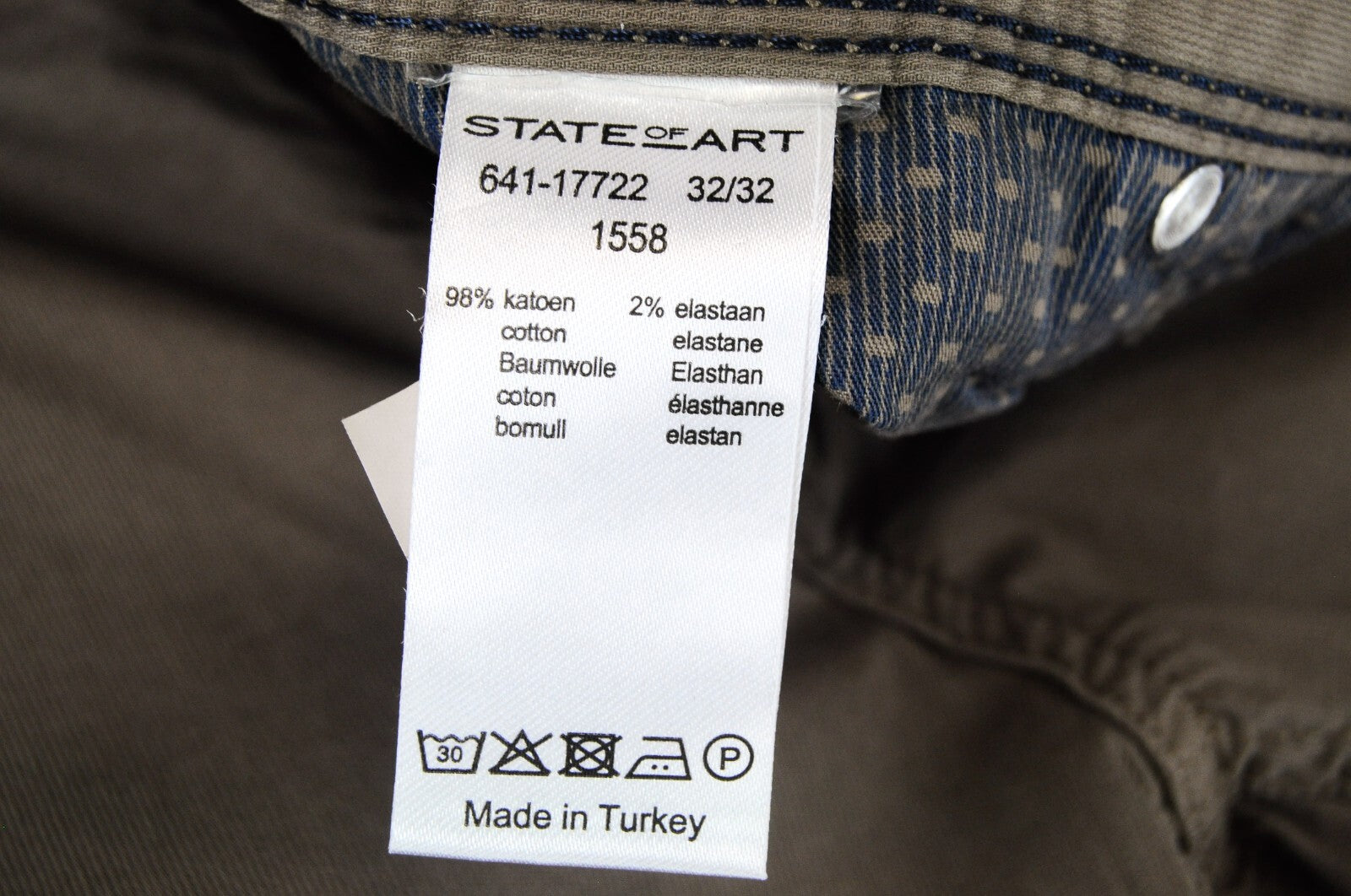 STATE OF ART Men Trousers W32/L32 Brown Regular Fit Stretch Cotton Zipper