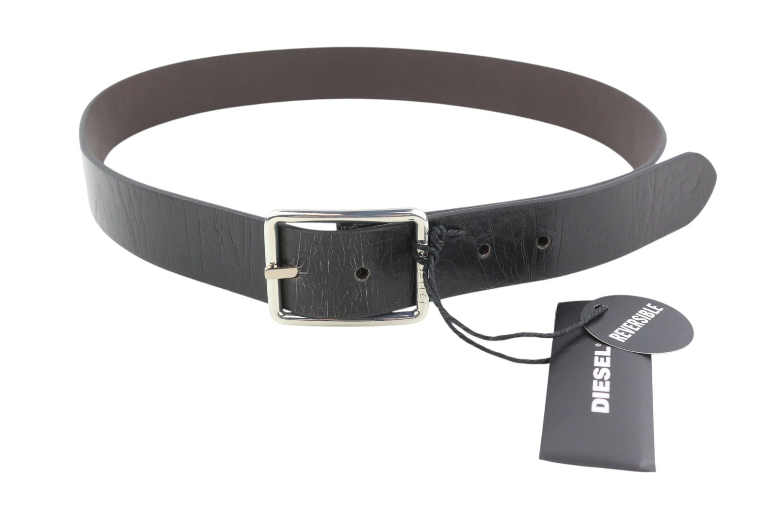 DIESEL B-Photo Men's Belt 95 CM Black Leather Silver Tone Buckle Reversible Dark