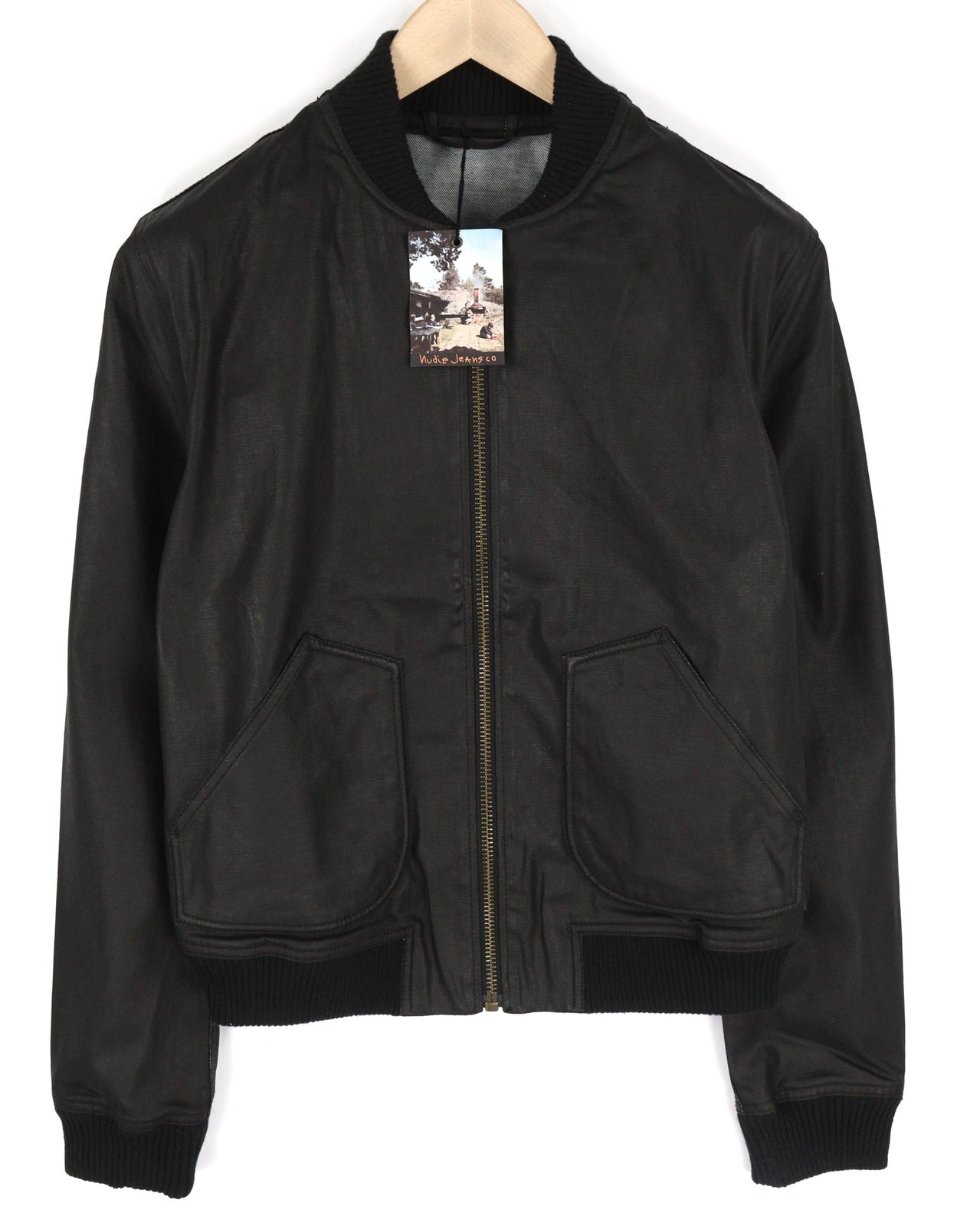 NUDIE JEANS Severin Coated Denim Men Jacket M Black Pure Cotton Unlined Bomber