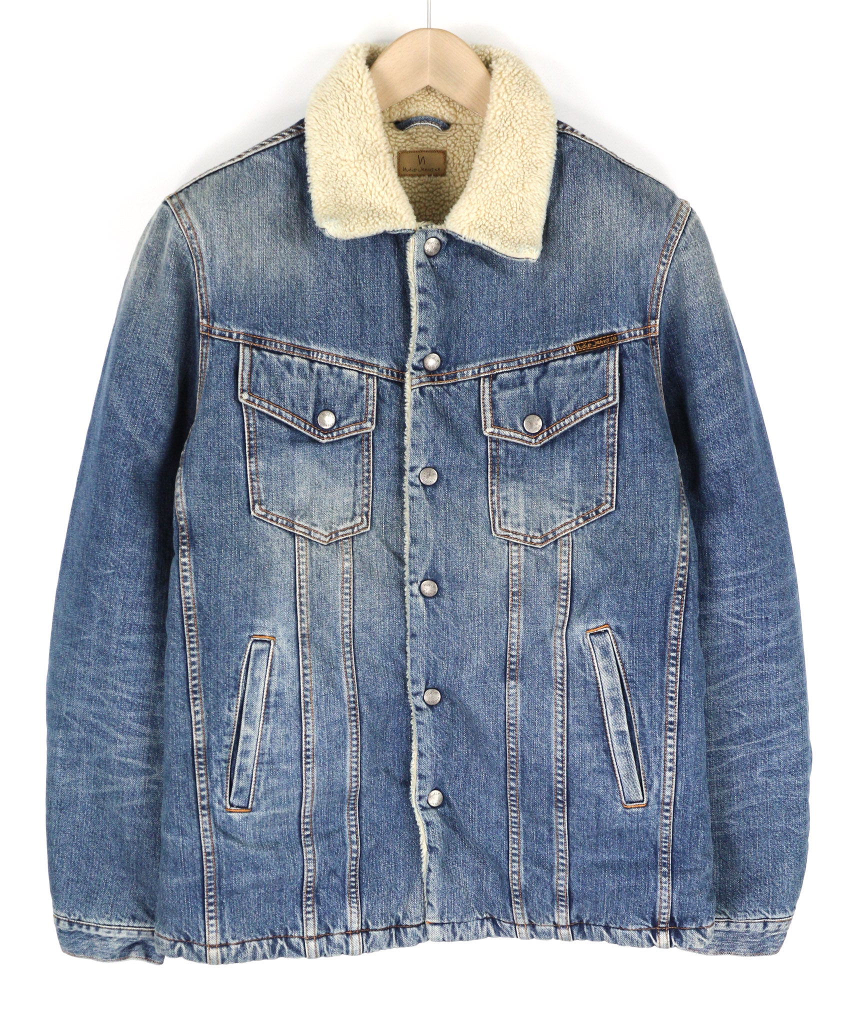 NUDIE JEANS Lenny Tangerine Blue Men Jacket M Blue Cotton Sherpa Lined Denim