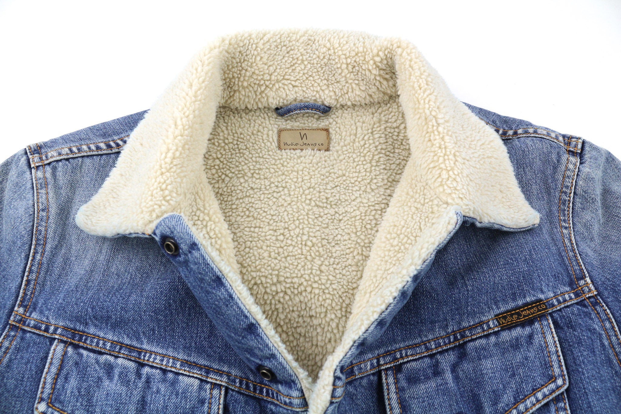 NUDIE JEANS Lenny Tangerine Blue Men Jacket M Blue Cotton Sherpa Lined Denim