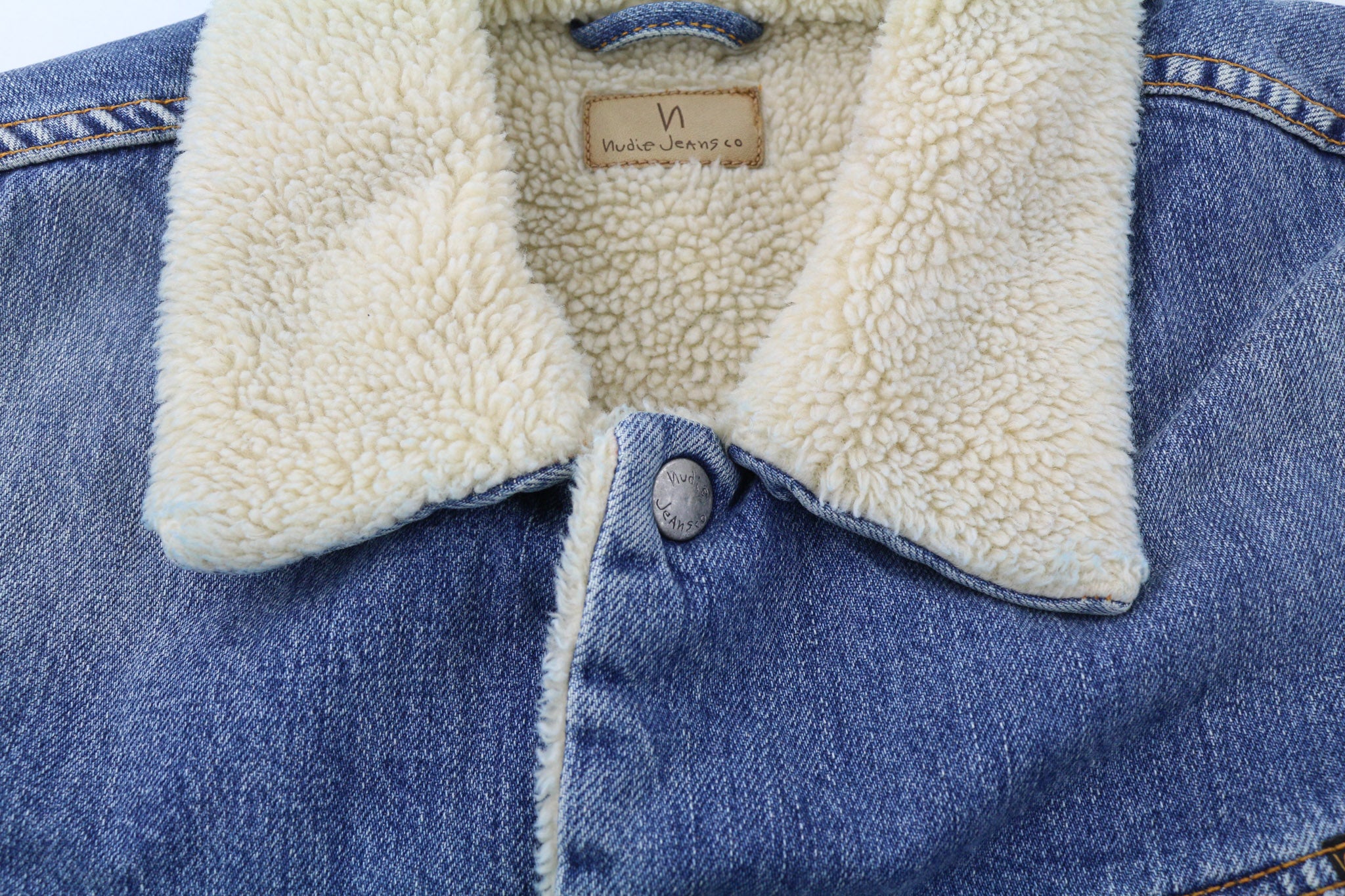 NUDIE JEANS Lenny Tangerine Blue Men Jacket M Blue Cotton Sherpa Lined Denim