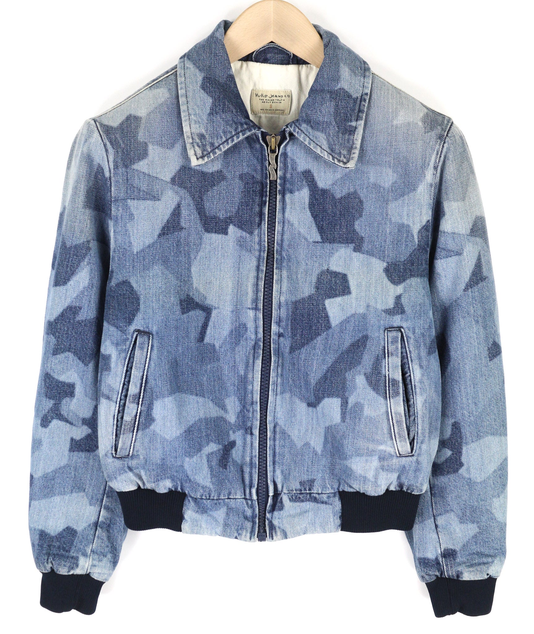 NUDIE JEANS Gudrun Camo Denim Women Jacket S Blue Cotton Wash Bomber Patterned