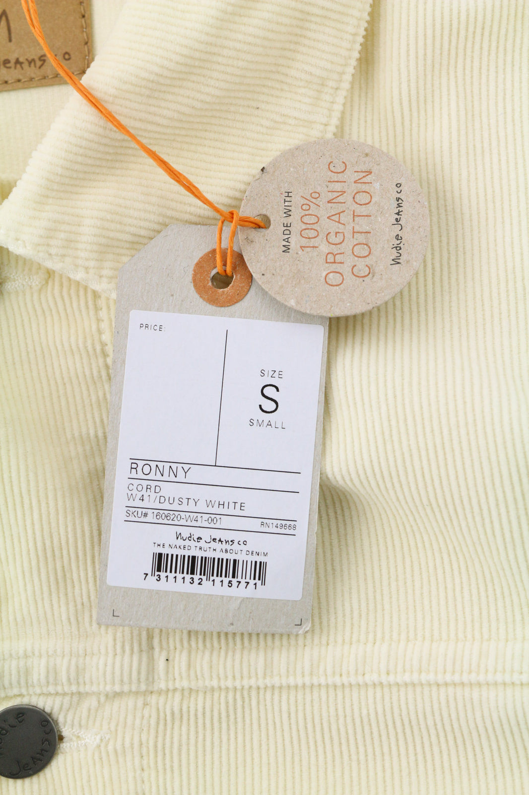 NUDIE JEANS Ronny Men Jacket S Dusty White Organic Cotton Corduroy Logo Buttoned