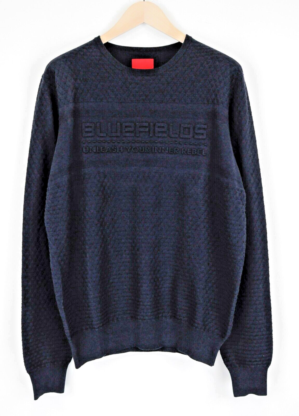 BLUE FIELDS Men Knit Pullover L Navy Round Neck Logo Long Sleeve Sweater
