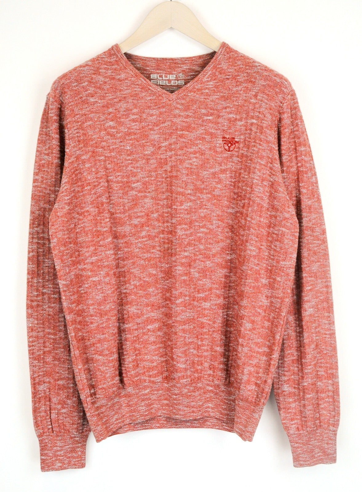 BLUE FIELDS Men Sweater L Orange Cotton V-Neck Long Sleeve Pullover