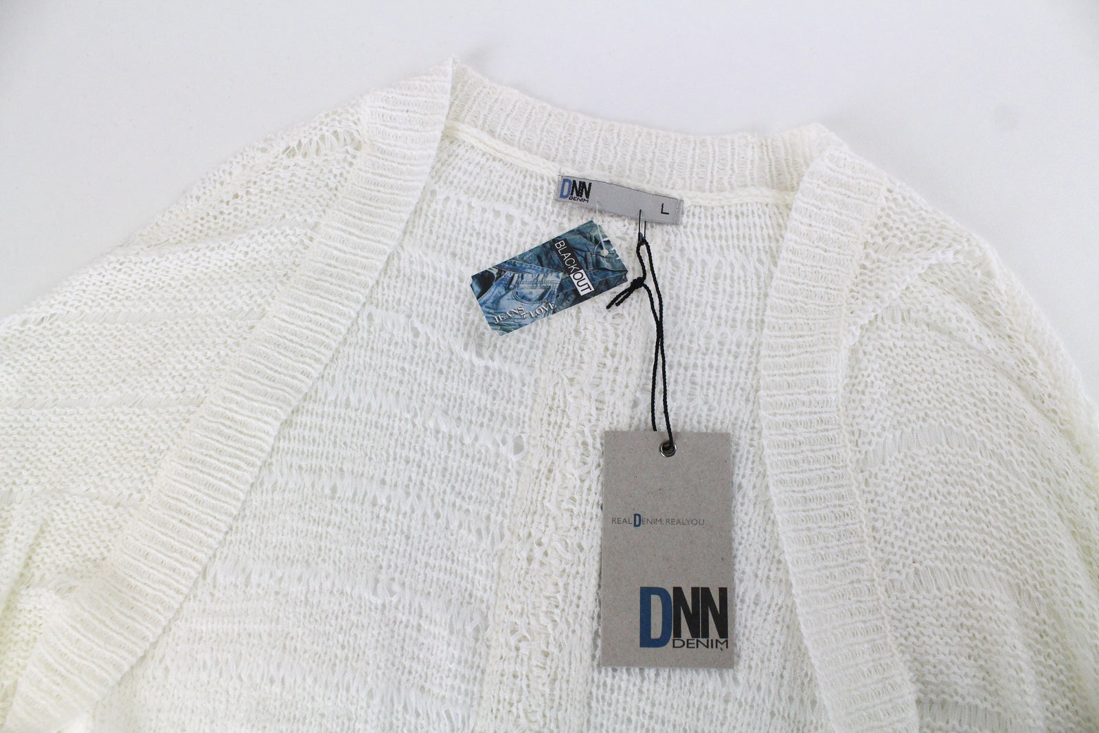 BLACK OUT Marina Women Sweatshirt L White Knit Sleeveless See-Through Cardigan