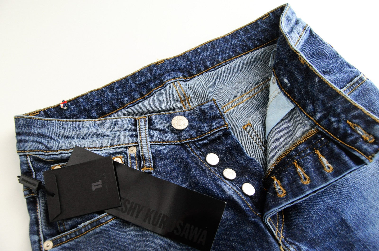 TAKESHY KUROSAWA vyriški džinsai W32 mėlyni, medvilniniai, skalbti, tamprūs, 5 kišenių, įprasti. 